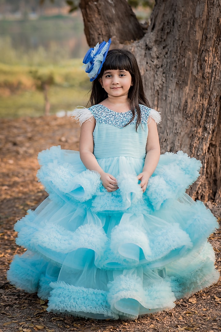 Powder Blue Embellished Gown For Girls by Toplove