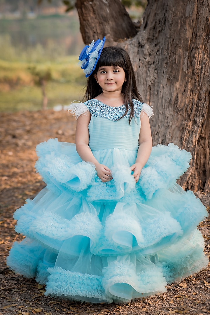 Powder Blue Embellished Gown For Girls by Toplove at Pernia's Pop Up Shop
