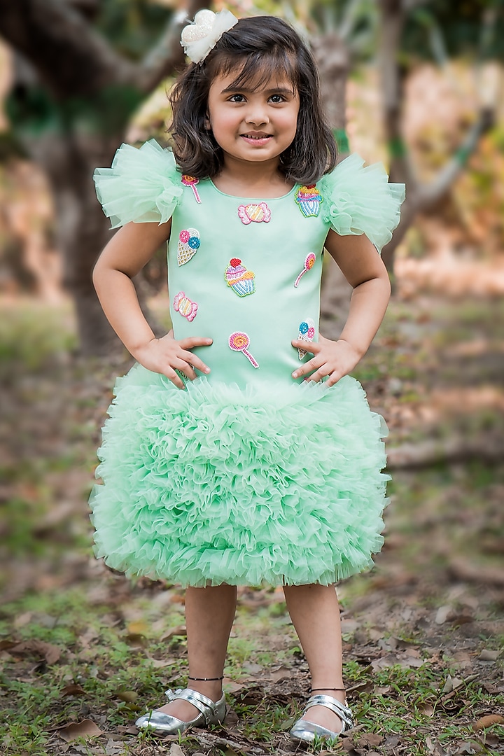 Mint Net Frilled Dress For Girls by Toplove