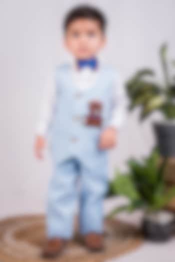Sky Blue Cotton & Terylene Embroidered Waistcoat Set For Boys by Toplove