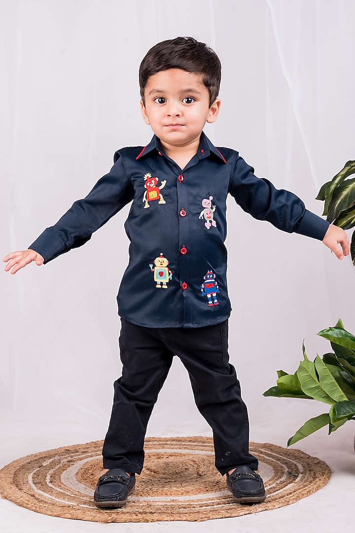 Navy Blue Cotton Hand Embroidered Shirt For Boys by Toplove