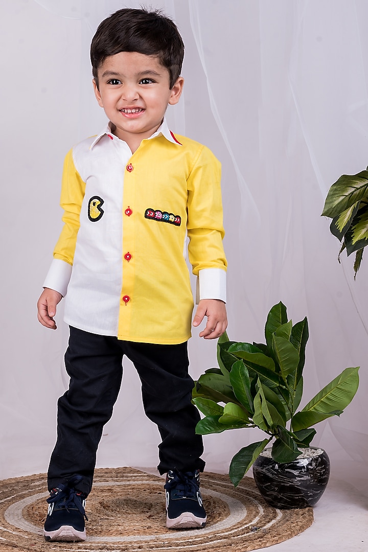 White & Yellow Cotton Embellished Shirt For Boys by Toplove