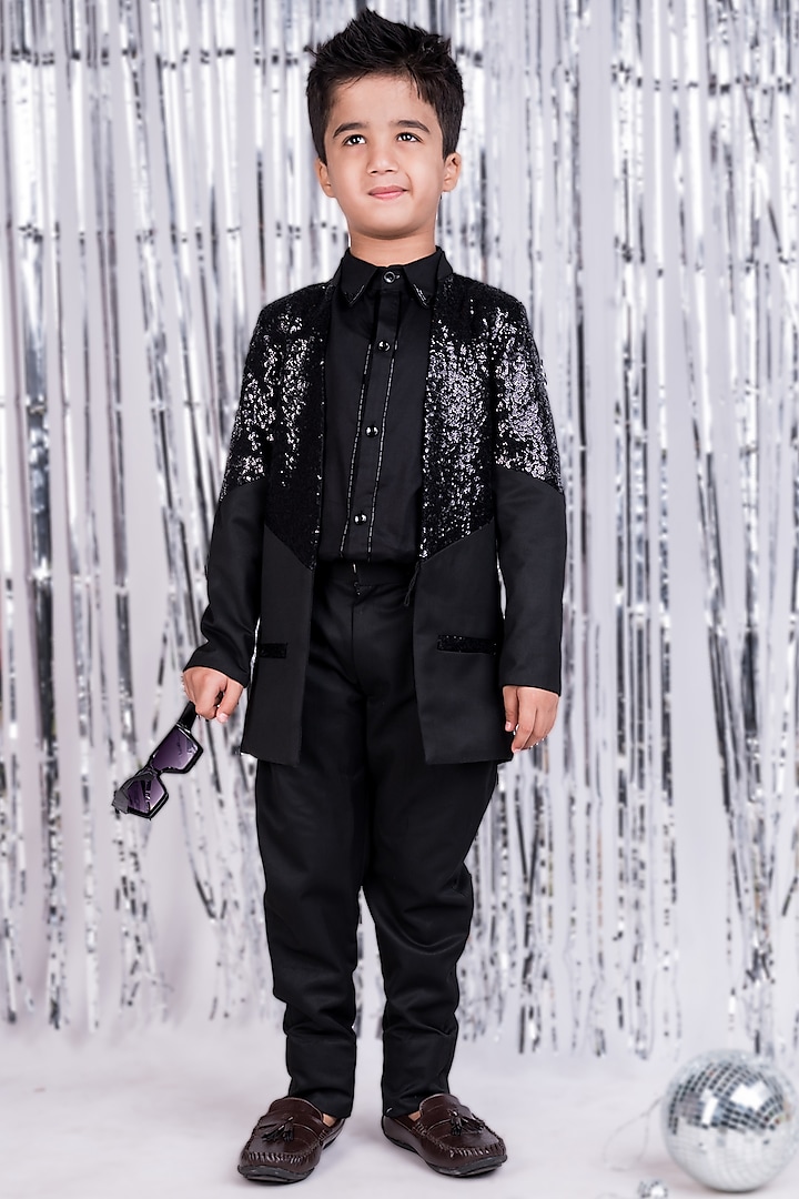 Black Cotton Embellished Blazer Set For Boys by Toplove