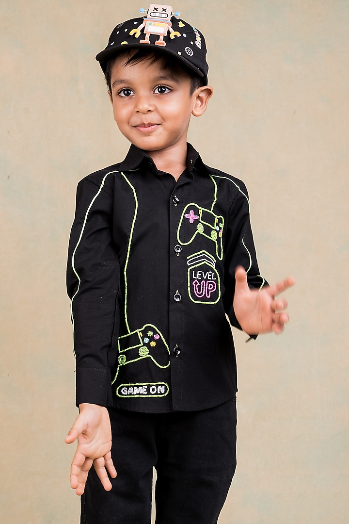 Black Egyptian Giza Cotton Embroidered Shirt For Boys by Toplove