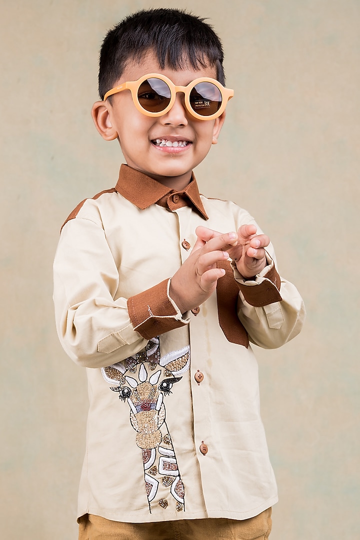 Beige & Tan Brown Cotton Embroidered Shirt For Boys by Toplove