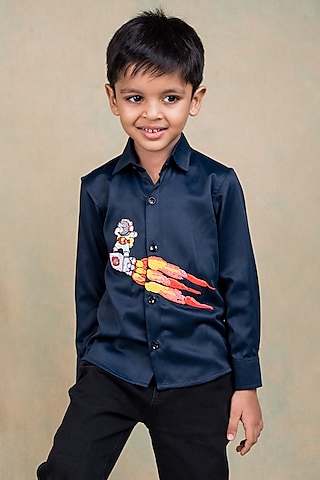 Navy Blue Malai Cotton Embroidered Shirt For Boys by Toplove