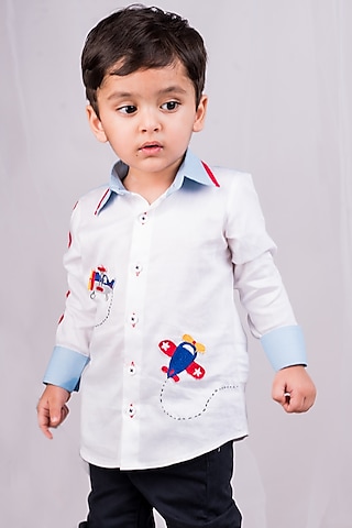 White & Blue Cotton Embroidered Shirt For Boys by Toplove