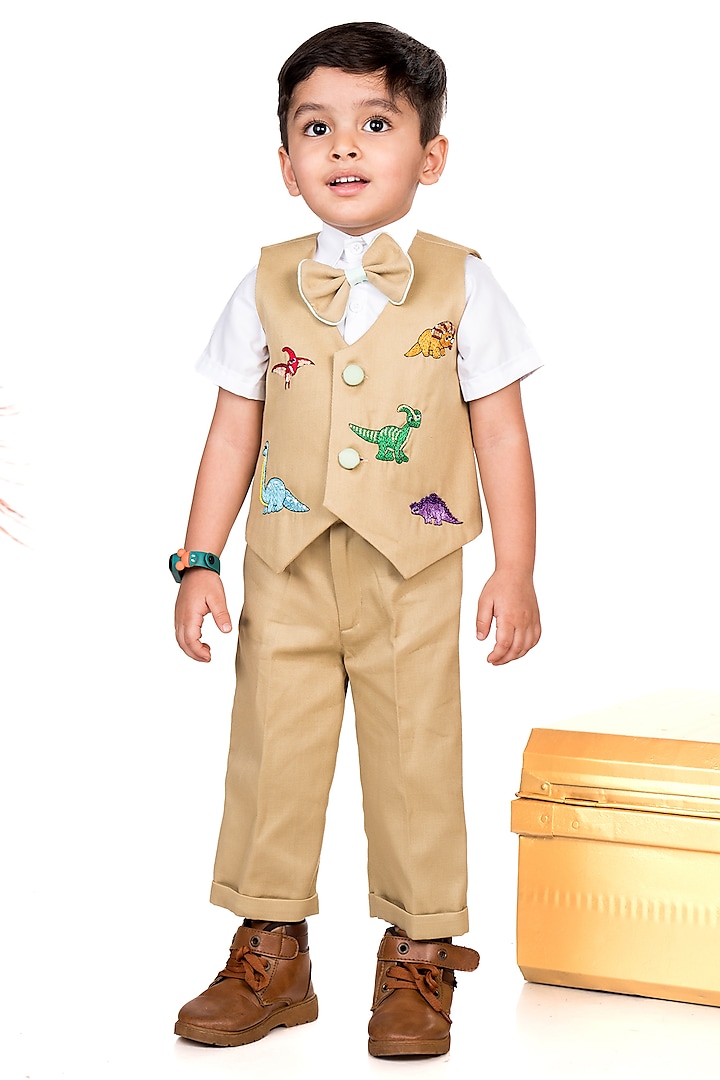 Beige & White Cotton Twill Hand Embellished Waistcoat Set For Boys by Toplove