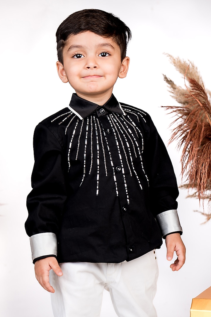 Black Cotton Hand Embellished Shirt For Boys by Toplove