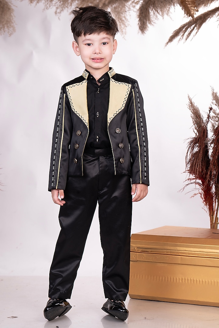 Black & Olive Imported Satin Hand Embroidered Blazer Set For Boys by Toplove