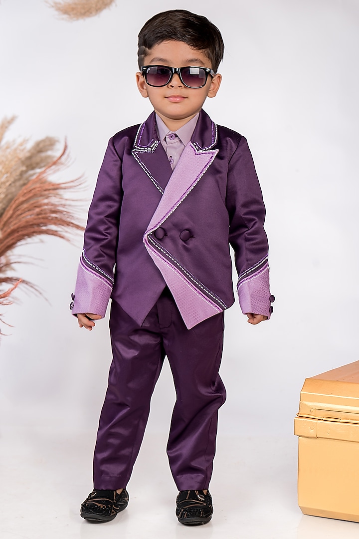 Plum & Mauve Imported Satin Hand Embroidered Blazer Set For Boys by Toplove