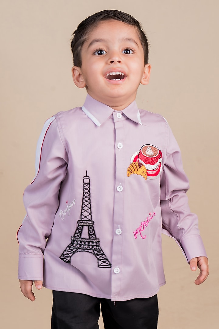 Lavender Cotton Hand Embroidered Shirt For Boys by Toplove