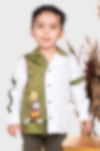 White & Olive Premium Cotton Hand Embroidered Shirt For Boys by Toplove