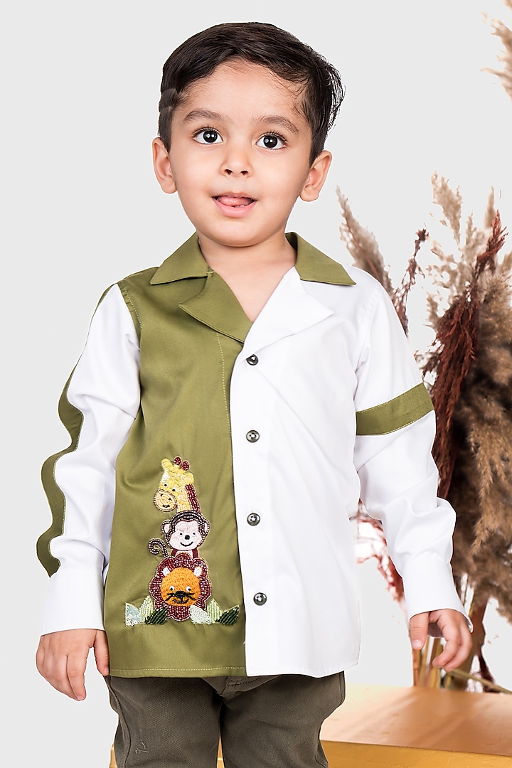 White & Olive Premium Cotton Hand Embroidered Shirt For Boys by Toplove