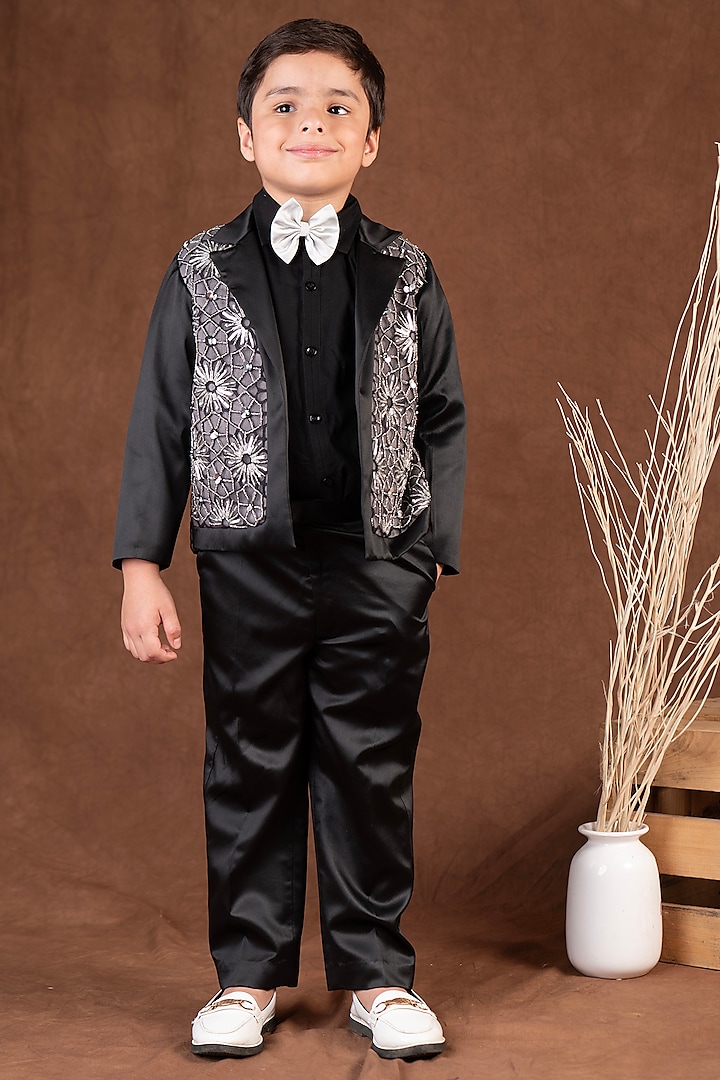 Black & Grey Imported Satin Hand Embellished Blazer Set For Boys by Toplove at Pernia's Pop Up Shop