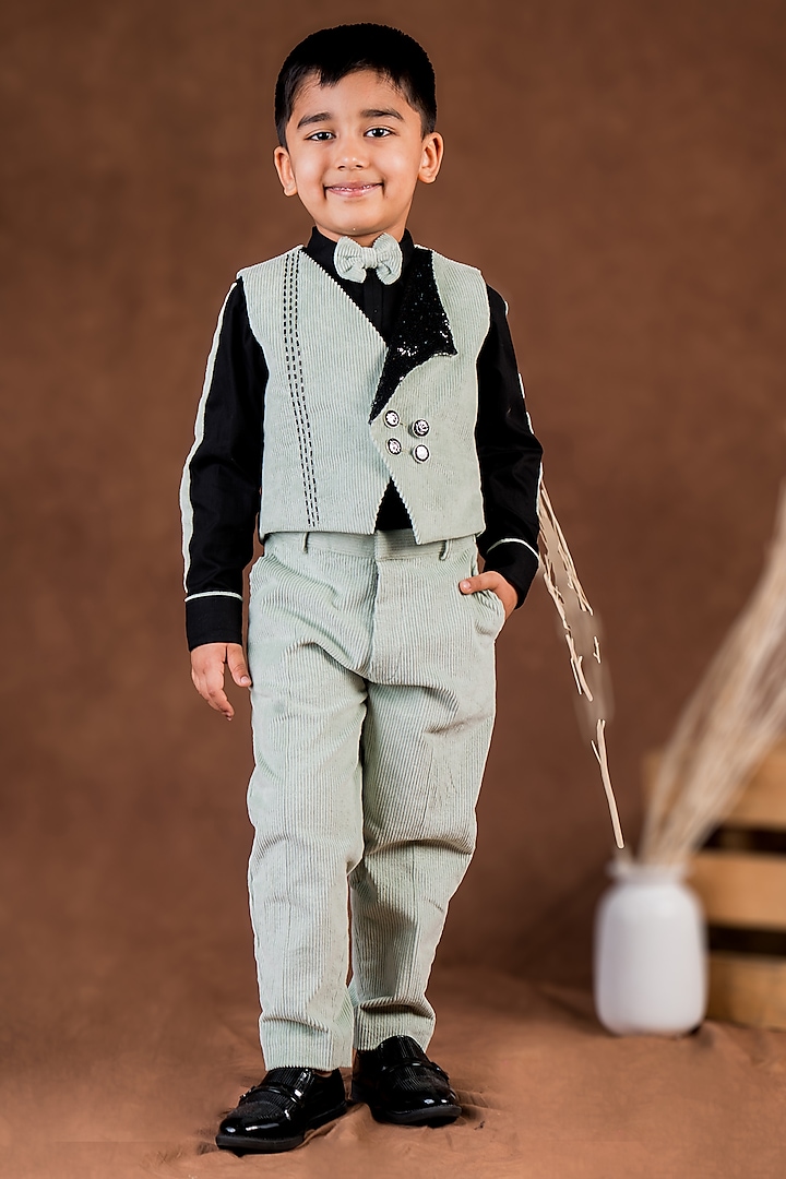 Mint Green Corduroy Embellished Waistcoat Set For Boys by Toplove