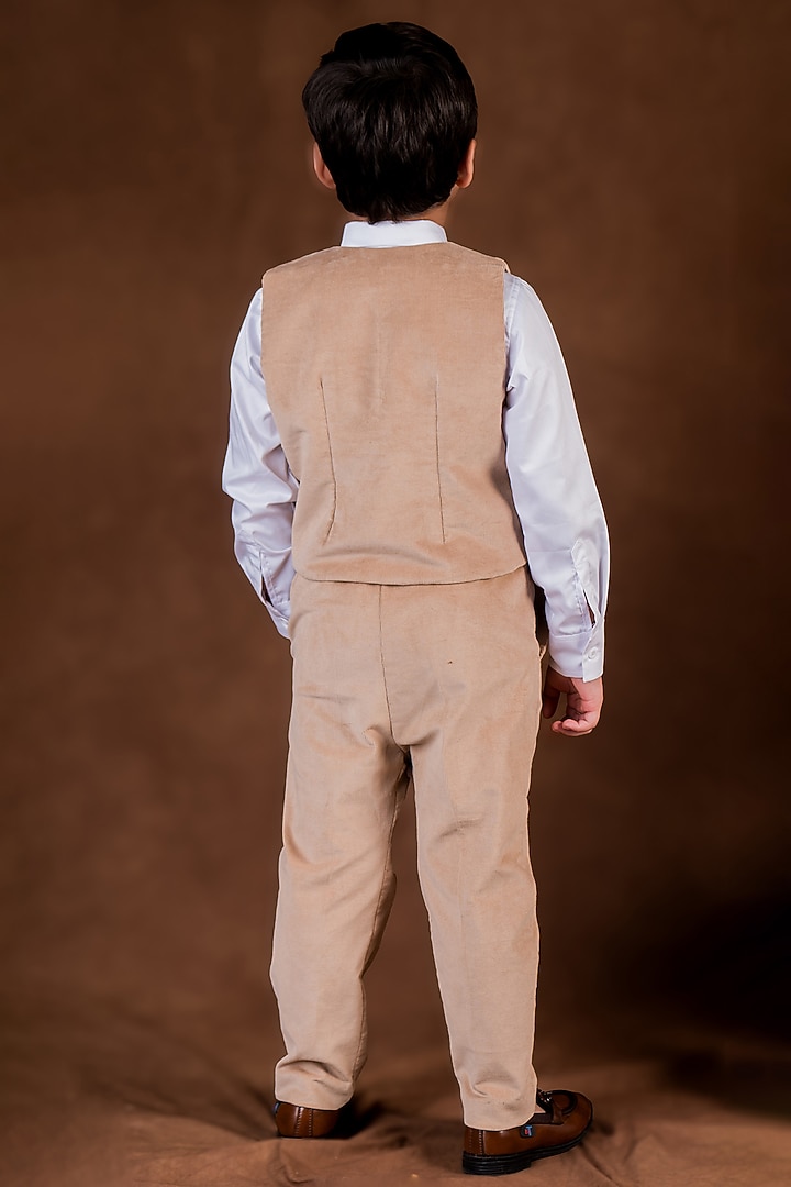 Beige & tan Cotton Suiting Hand Embroidered Waistcoat Set For Boys by Toplove at Pernia's Pop Up Shop