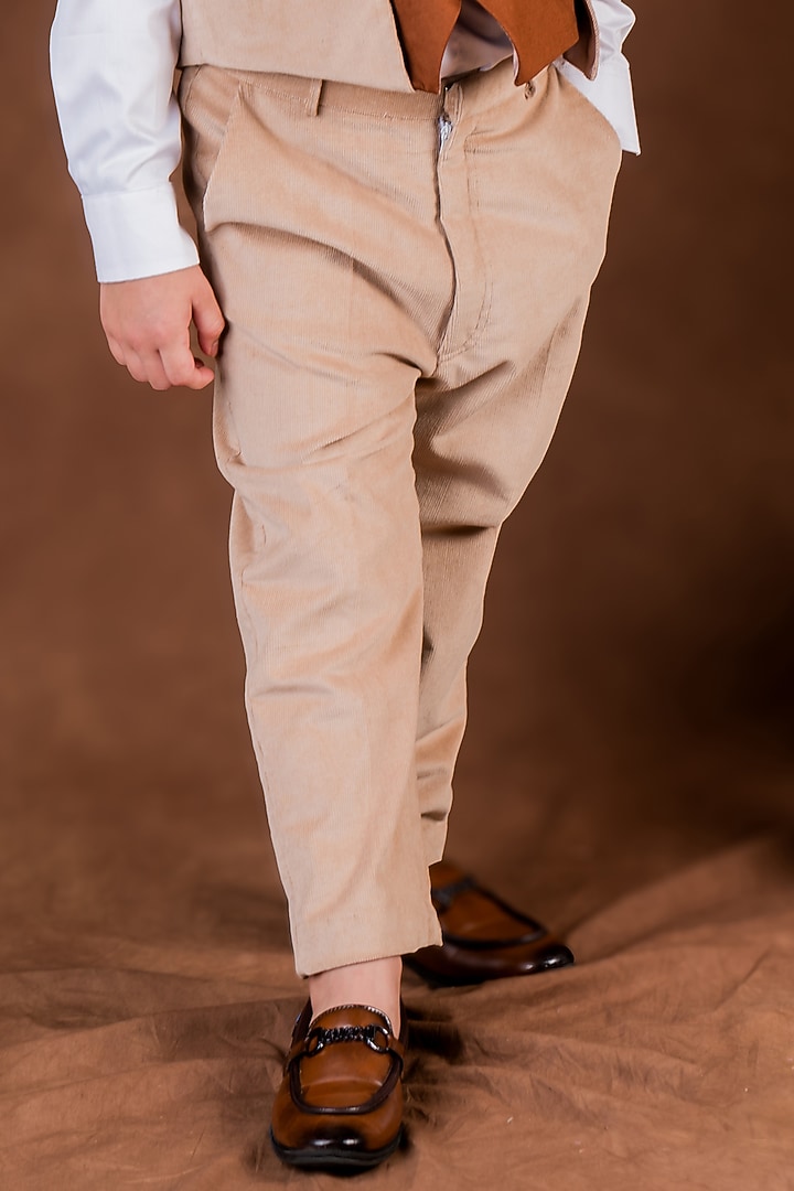 Beige & tan Cotton Suiting Hand Embroidered Waistcoat Set For Boys by Toplove at Pernia's Pop Up Shop
