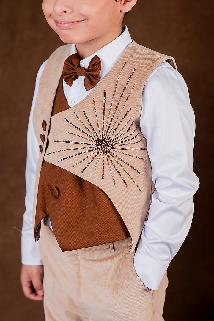 Beige & tan Cotton Suiting Hand Embroidered Waistcoat Set For Boys by Toplove at Pernia's Pop Up Shop