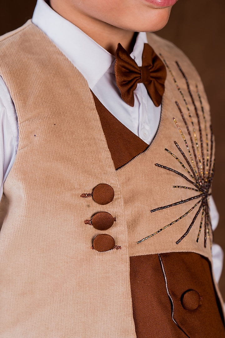 Beige & tan Cotton Suiting Hand Embroidered Waistcoat Set For Boys by Toplove at Pernia's Pop Up Shop