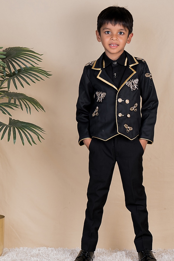 Black & Gold Cotton Suiting Hand Embroidered Blazer Set For Boys by Toplove