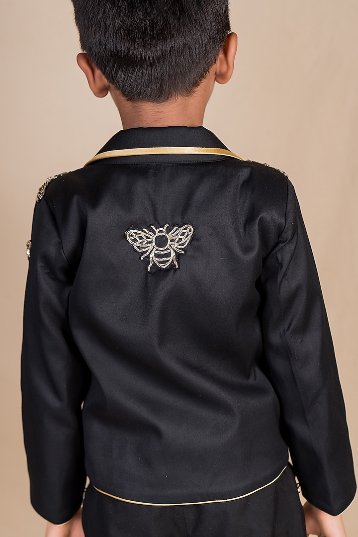 Black & Gold Cotton Suiting Hand Embroidered Blazer Set For Boys by Toplove at Pernia's Pop Up Shop