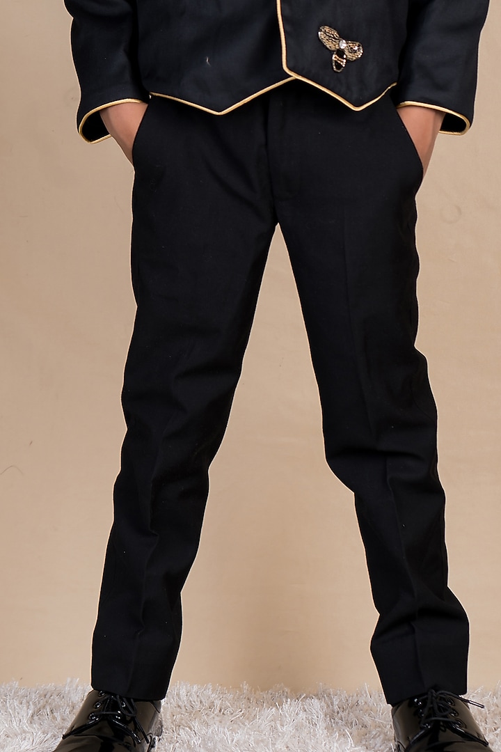 Black & Gold Cotton Suiting Hand Embroidered Blazer Set For Boys by Toplove at Pernia's Pop Up Shop