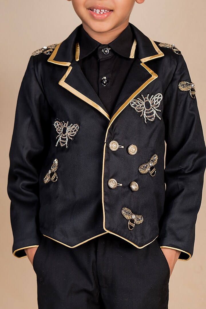 Black & Gold Cotton Suiting Hand Embroidered Blazer Set For Boys by Toplove at Pernia's Pop Up Shop
