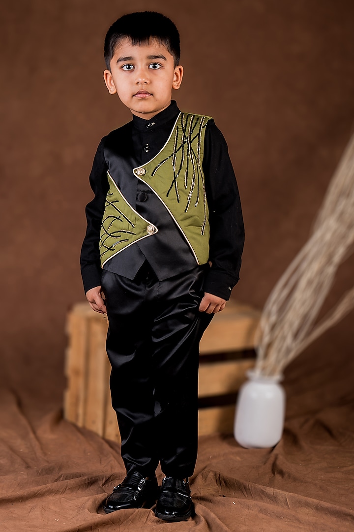 Black & Olive Imported Satin Hand Embroidered Waistcoat Set For Boys by Toplove