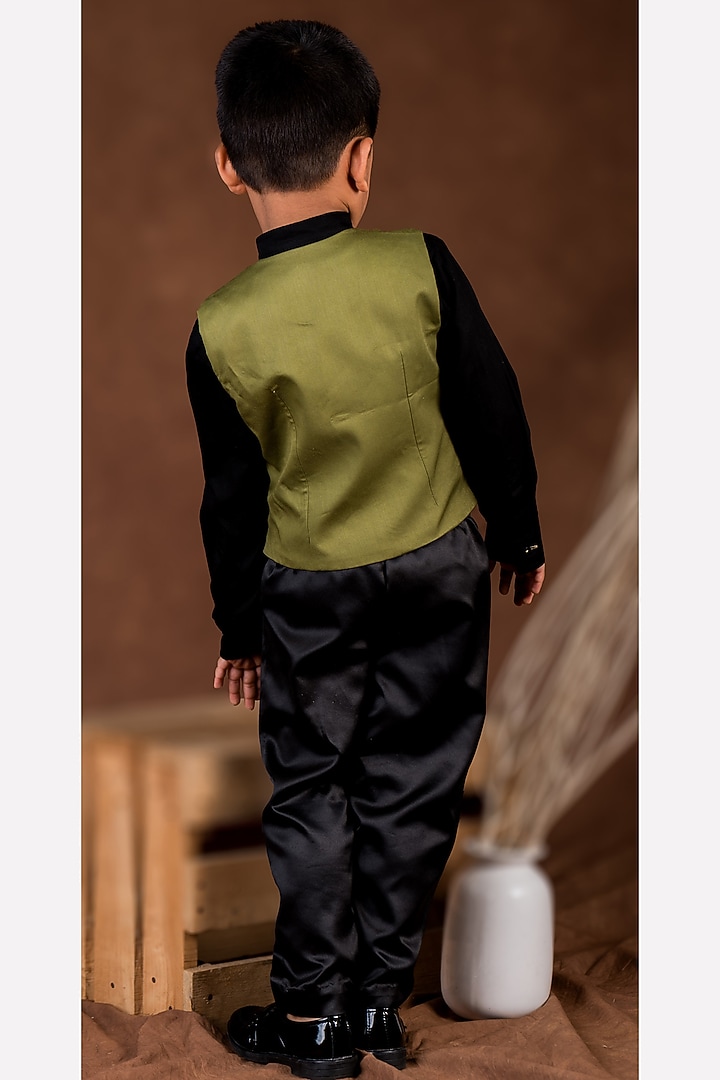 Black & Olive Imported Satin Hand Embroidered Waistcoat Set For Boys by Toplove at Pernia's Pop Up Shop