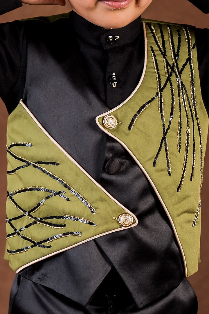 Black & Olive Imported Satin Hand Embroidered Waistcoat Set For Boys by Toplove at Pernia's Pop Up Shop
