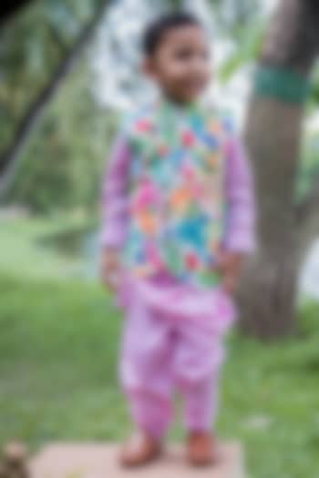 Multi-Coloured Printed Bundi Jacket With Kurta Set For Boys by Toplove