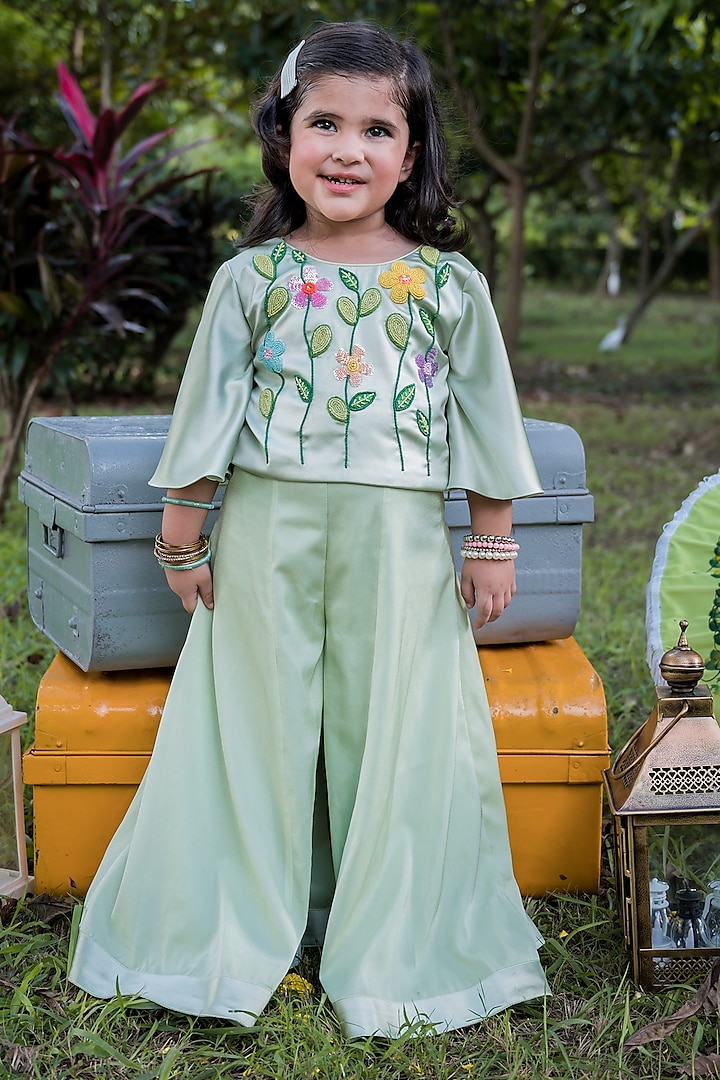 Mint Satin & Crepe Sharara Set For Girls by Toplove