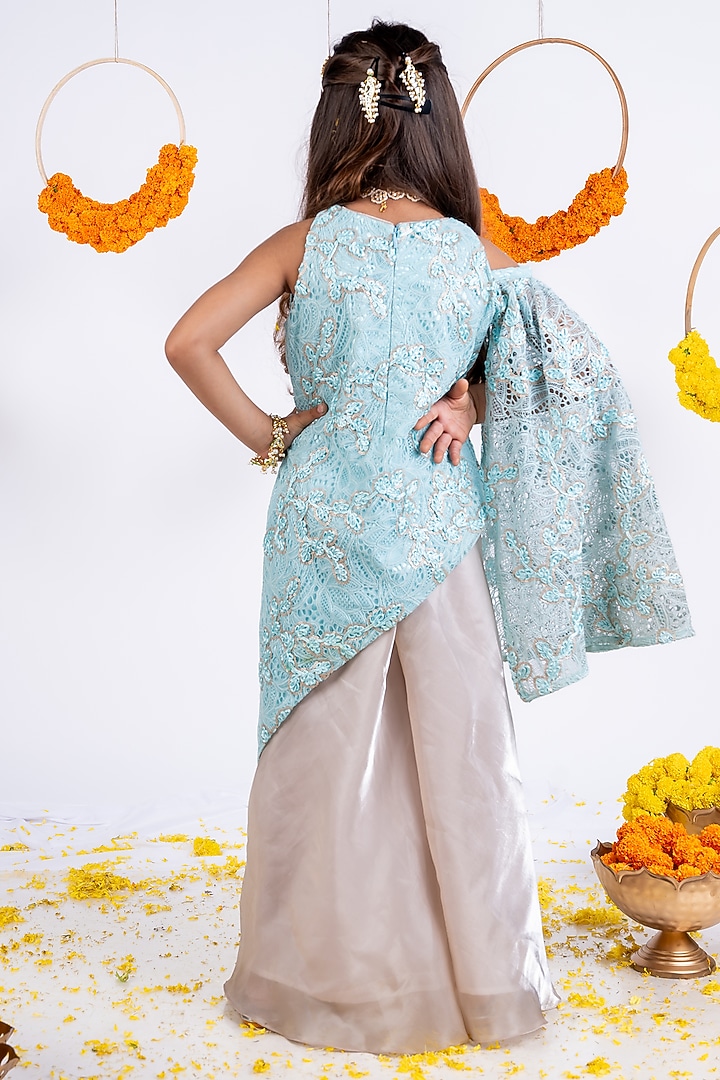 Sky Blue Chantilly & Organza Embroidered Kurta Set For Girls by Toplove at Pernia's Pop Up Shop