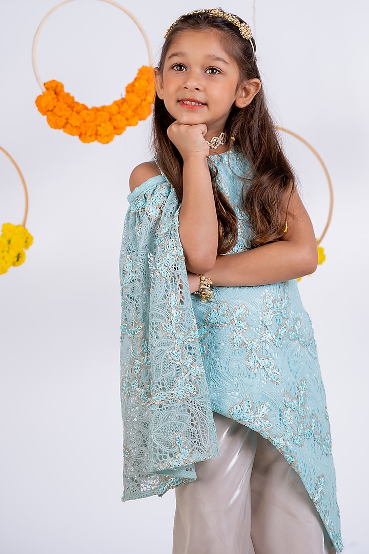 Sky Blue Chantilly & Organza Embroidered Kurta Set For Girls by Toplove at Pernia's Pop Up Shop