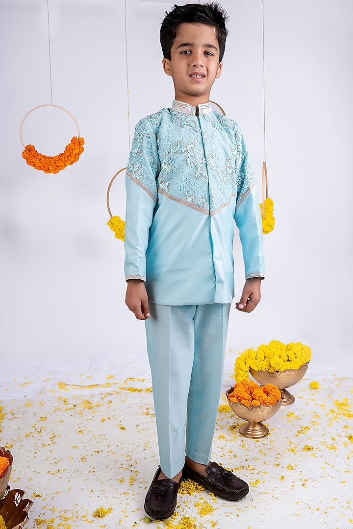 Sky Blue Chantilly & Cotton Silk Embroidered Kurta Set For Boys by Toplove at Pernia's Pop Up Shop