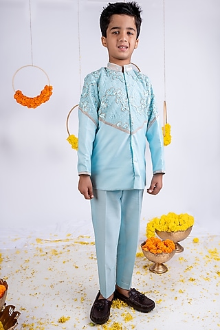 Sky Blue Chantilly & Cotton Silk Embroidered Kurta Set For Boys by Toplove