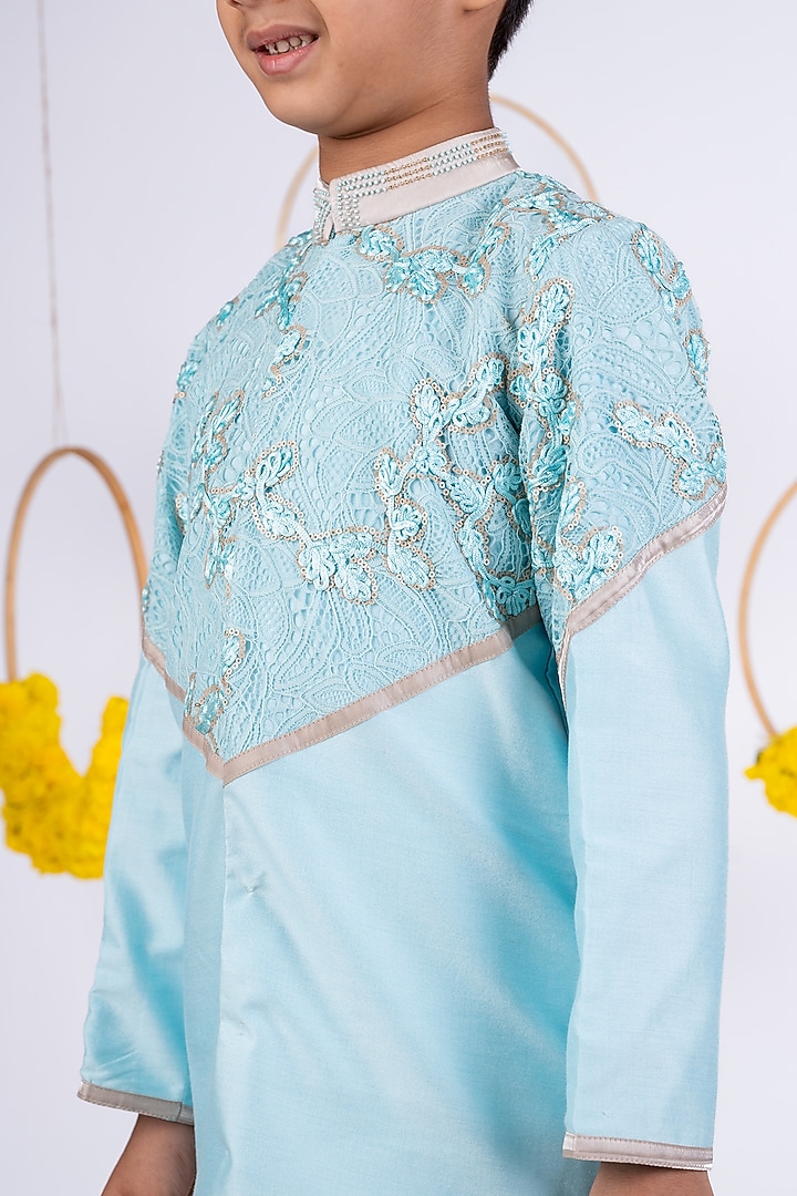Sky Blue Chantilly & Cotton Silk Embroidered Kurta Set For Boys by Toplove at Pernia's Pop Up Shop