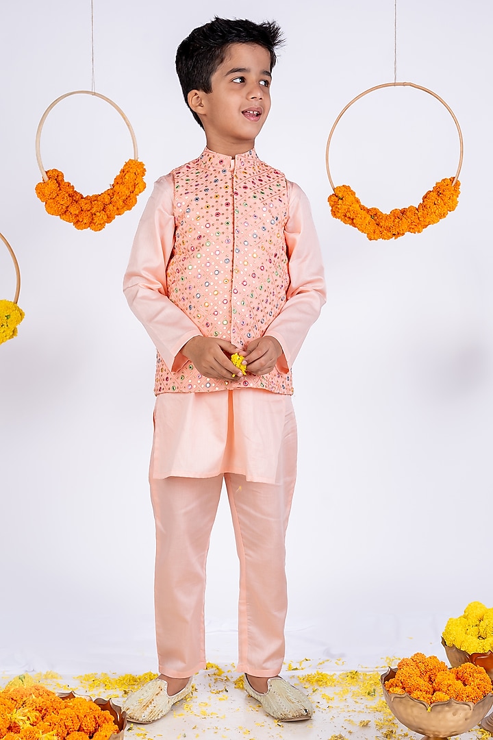 Peach Cotton Silk Mirror Embellished Bundi Jacket Set For Boys by Toplove