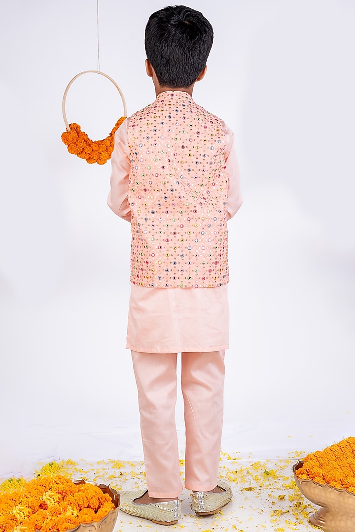 Peach Cotton Silk Mirror Embellished Bundi Jacket Set For Boys by Toplove at Pernia's Pop Up Shop