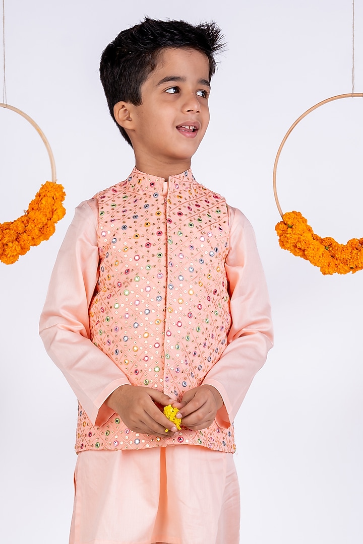 Peach Cotton Silk Mirror Embellished Bundi Jacket Set For Boys by Toplove at Pernia's Pop Up Shop