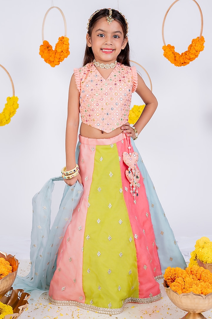 Multi-Colored Cotton Silk & Organza Mirror Embellished Lehenga Set For Girls by Toplove at Pernia's Pop Up Shop