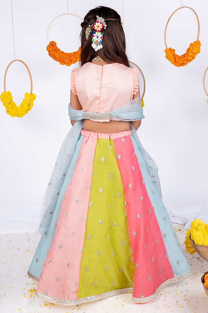Multi-Colored Cotton Silk & Organza Mirror Embellished Lehenga Set For Girls by Toplove at Pernia's Pop Up Shop