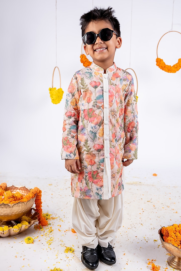 Multi-Colored Cotton Hakoba Hand Embroidered & Printed Long Kurta Set For Boys by Toplove at Pernia's Pop Up Shop