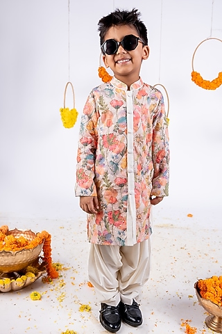 Multi-Colored Cotton Hakoba Hand Embroidered & Printed Long Kurta Set For Boys by Toplove
