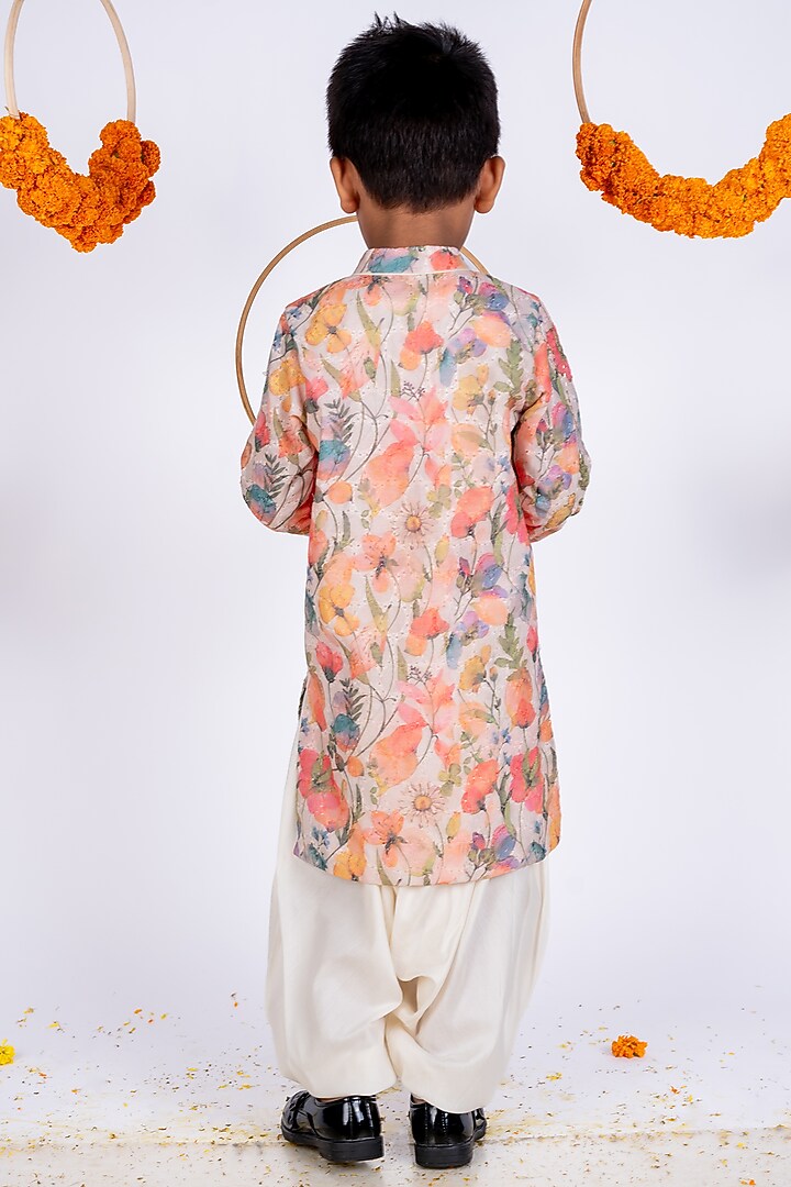 Multi-Colored Cotton Hakoba Hand Embroidered & Printed Long Kurta Set For Boys by Toplove at Pernia's Pop Up Shop