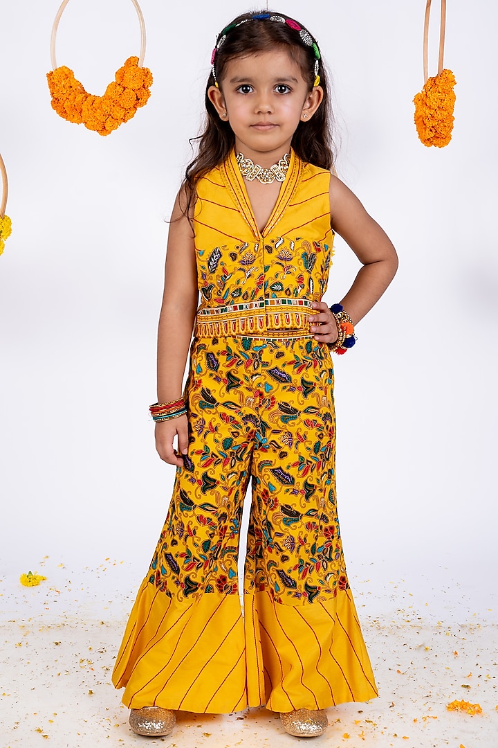 Yellow Cotton Hand Embroidered Palazzo Pant Set For Girls by Toplove at Pernia's Pop Up Shop