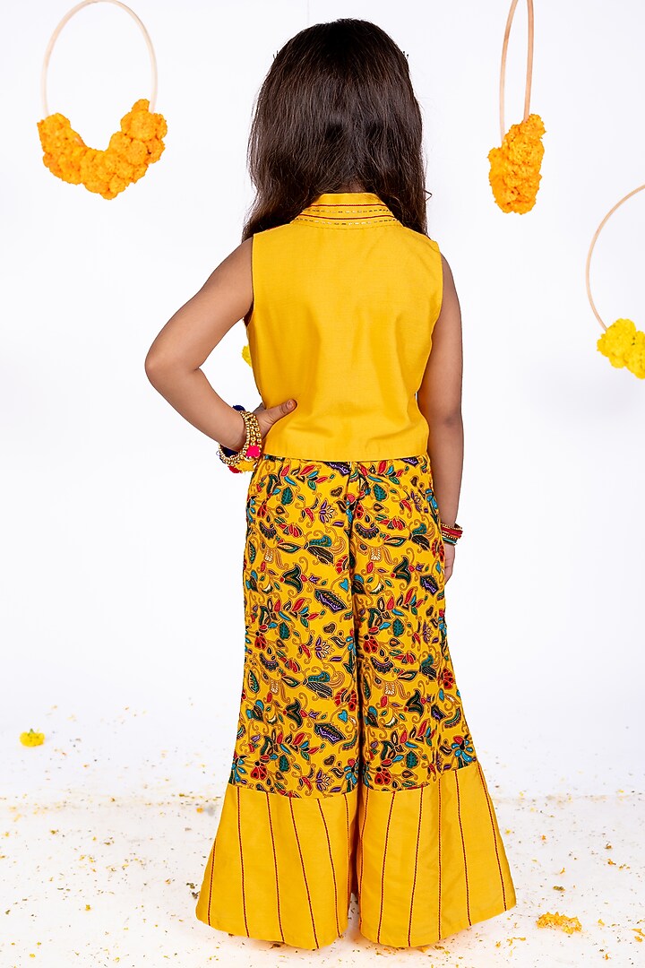 Yellow Cotton Hand Embroidered Palazzo Pant Set For Girls by Toplove at Pernia's Pop Up Shop