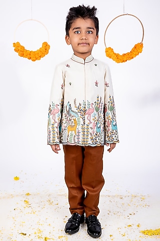 White Cotton Embroidered Bandhgala Jacket Set For Boys by Toplove