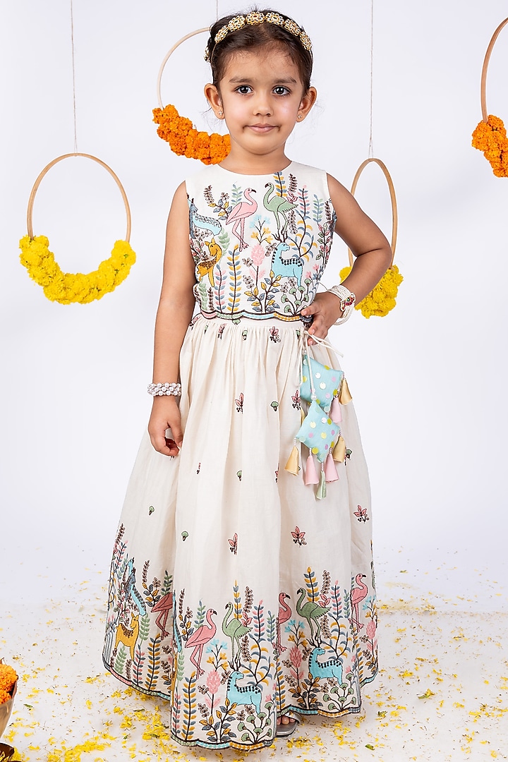 White Cotton Embroidered Lehenga Set For Girls by Toplove at Pernia's Pop Up Shop